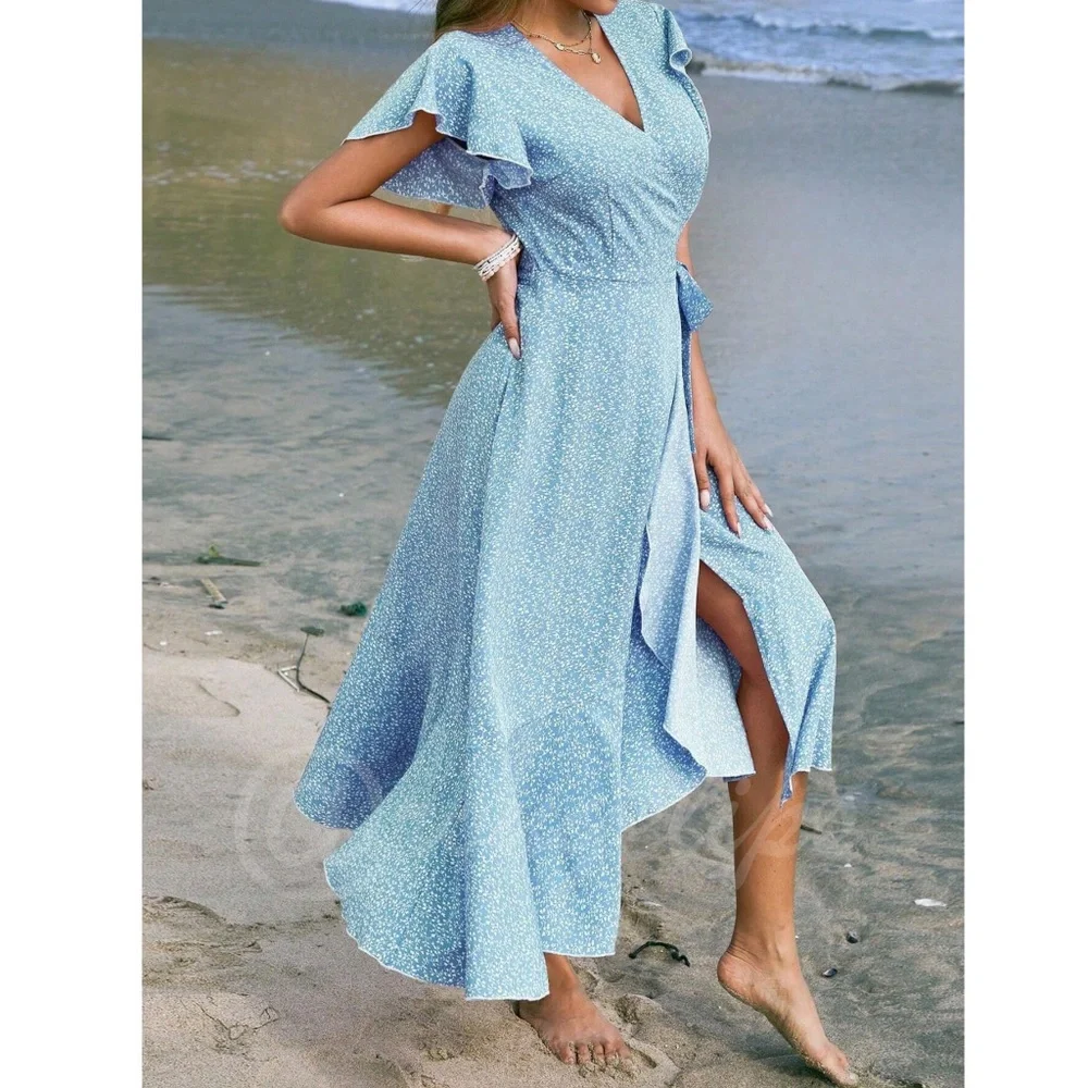 Boho Light Blue Floral Dress  V neck Ruffle Hem Ankle Length, A Line Wrap Style - Picture 3 of 8